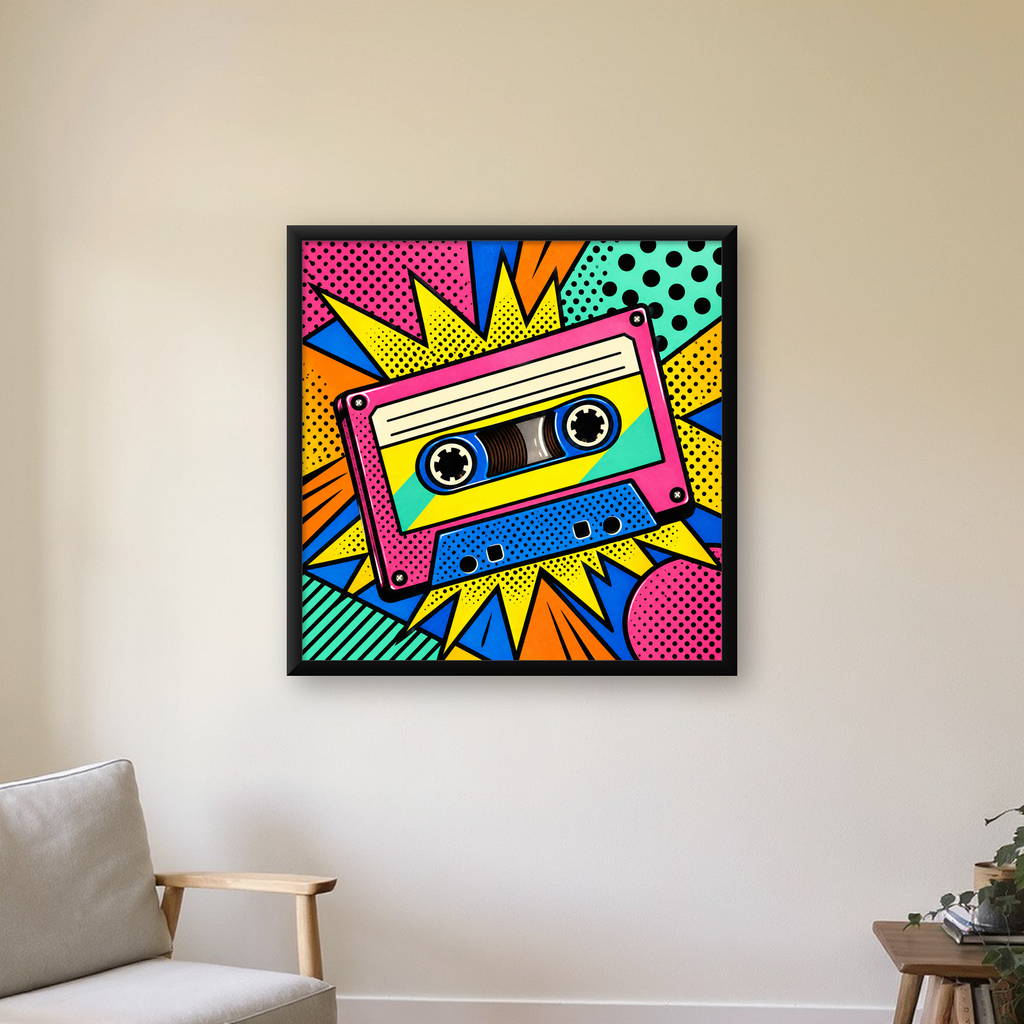 Renkli Kaset Pop Art Poster – Dinamik Çizgi Roman Tasarımı — Kare baskı, çerçeveli hâliyle bir ev duvarında