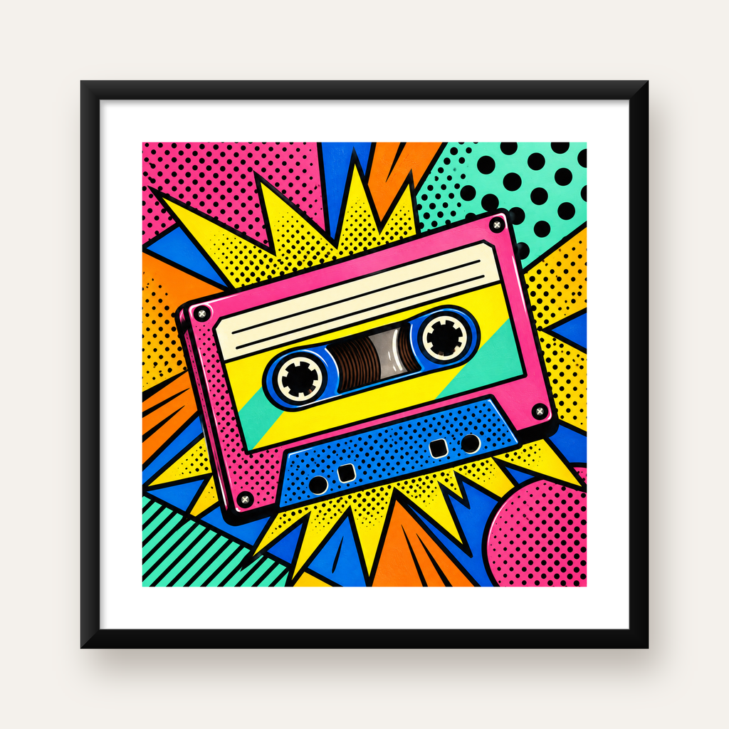 Renkli Kaset Pop Art Poster – Dinamik Çizgi Roman Tasarımı — Kare baskı, beyaz paspartulu