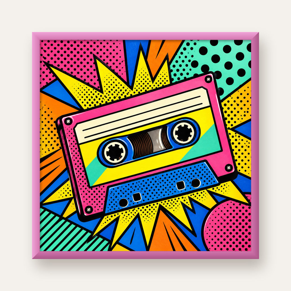 Renkli Kaset Pop Art Poster – Dinamik Çizgi Roman Tasarımı — pembe çerçeveli
