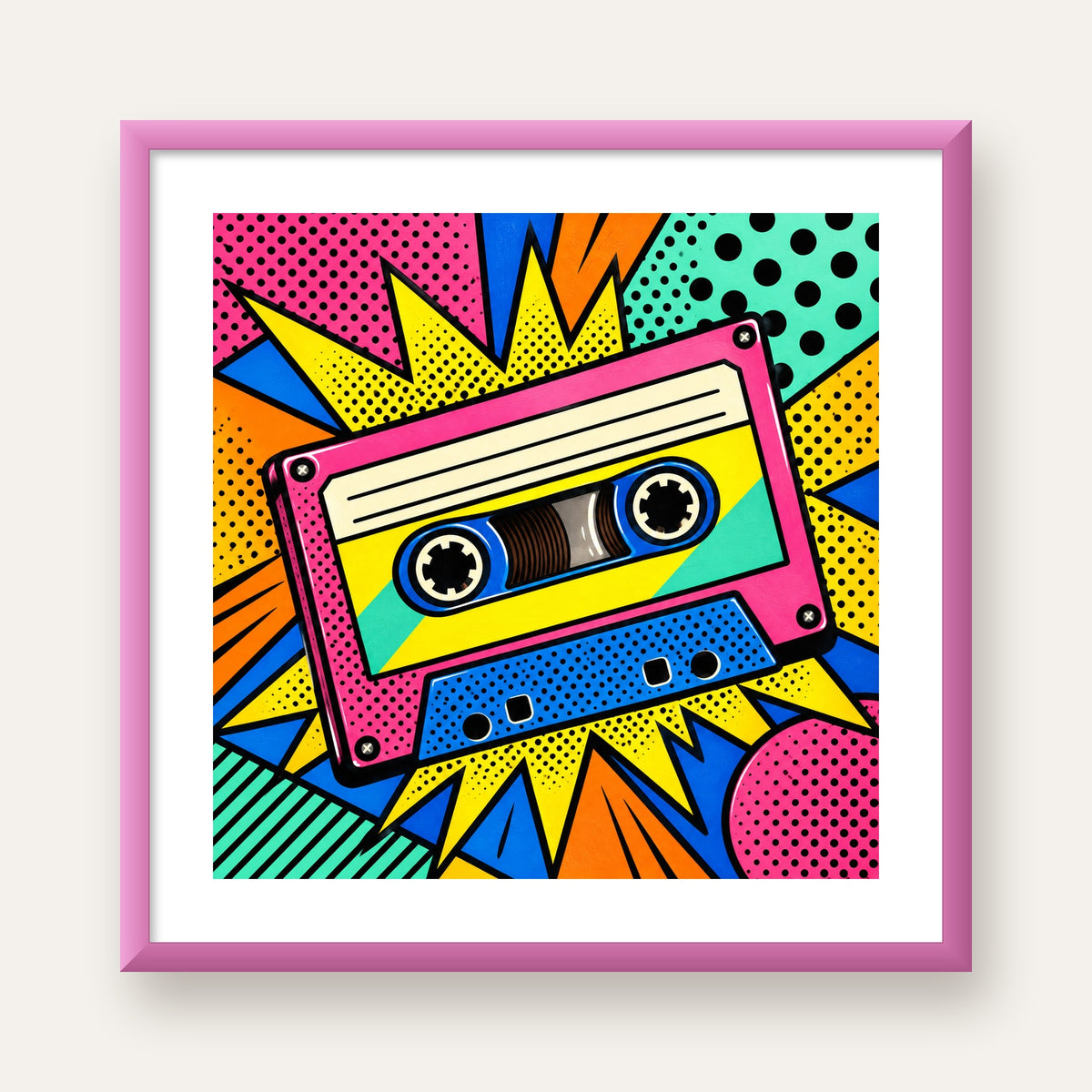 Renkli Kaset Pop Art Poster – Dinamik Çizgi Roman Tasarımı — pembe çerçeveli paspartulu