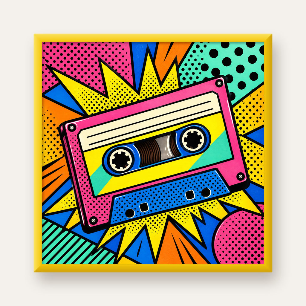 Renkli Kaset Pop Art Poster – Dinamik Çizgi Roman Tasarımı — sarı çerçeveli