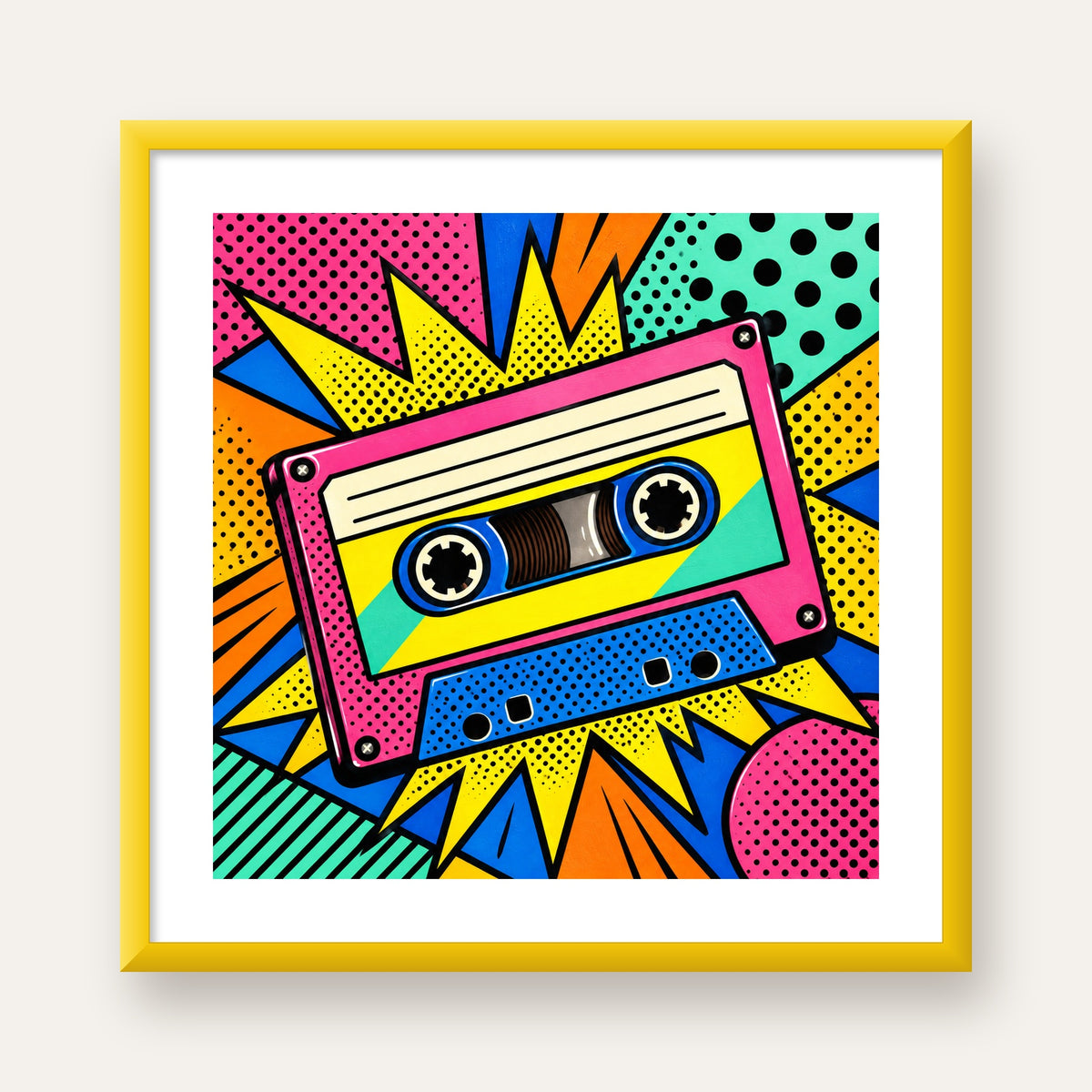 Renkli Kaset Pop Art Poster – Dinamik Çizgi Roman Tasarımı — sarı çerçeveli paspartulu