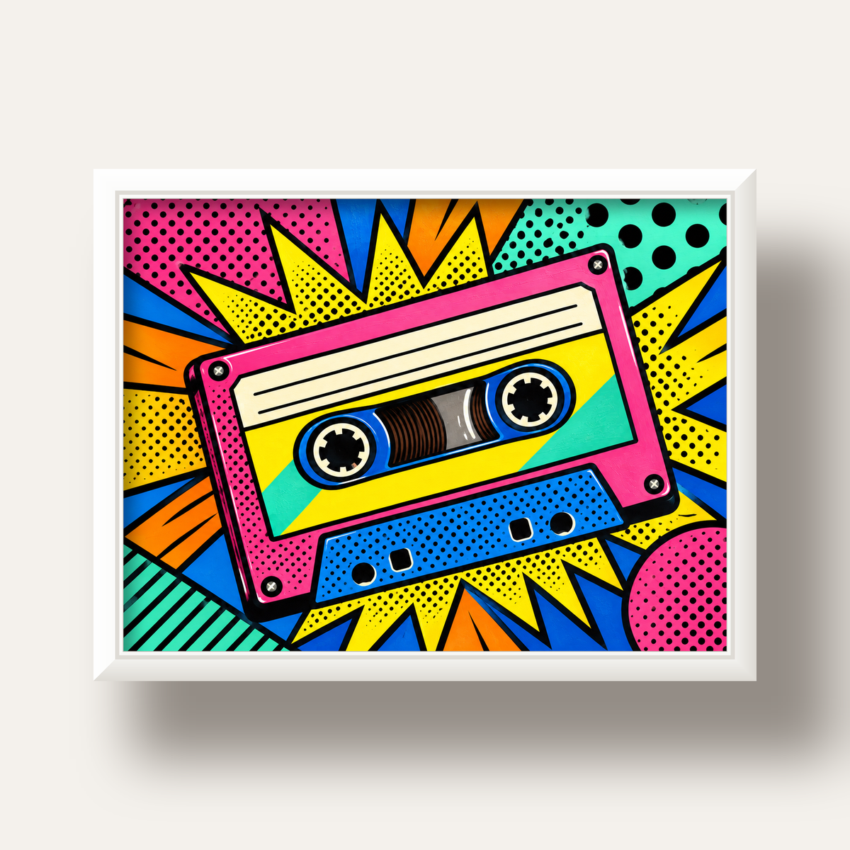 Renkli Kaset Pop Art Poster – Dinamik Çizgi Roman Tasarımı — beyaz derin çerçeveli