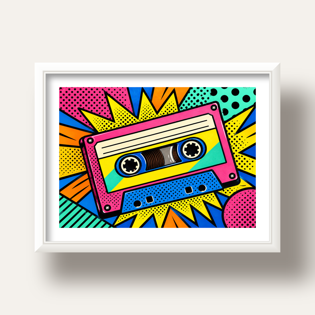 Renkli Kaset Pop Art Poster – Dinamik Çizgi Roman Tasarımı — beyaz derin çerçeveli paspartulu