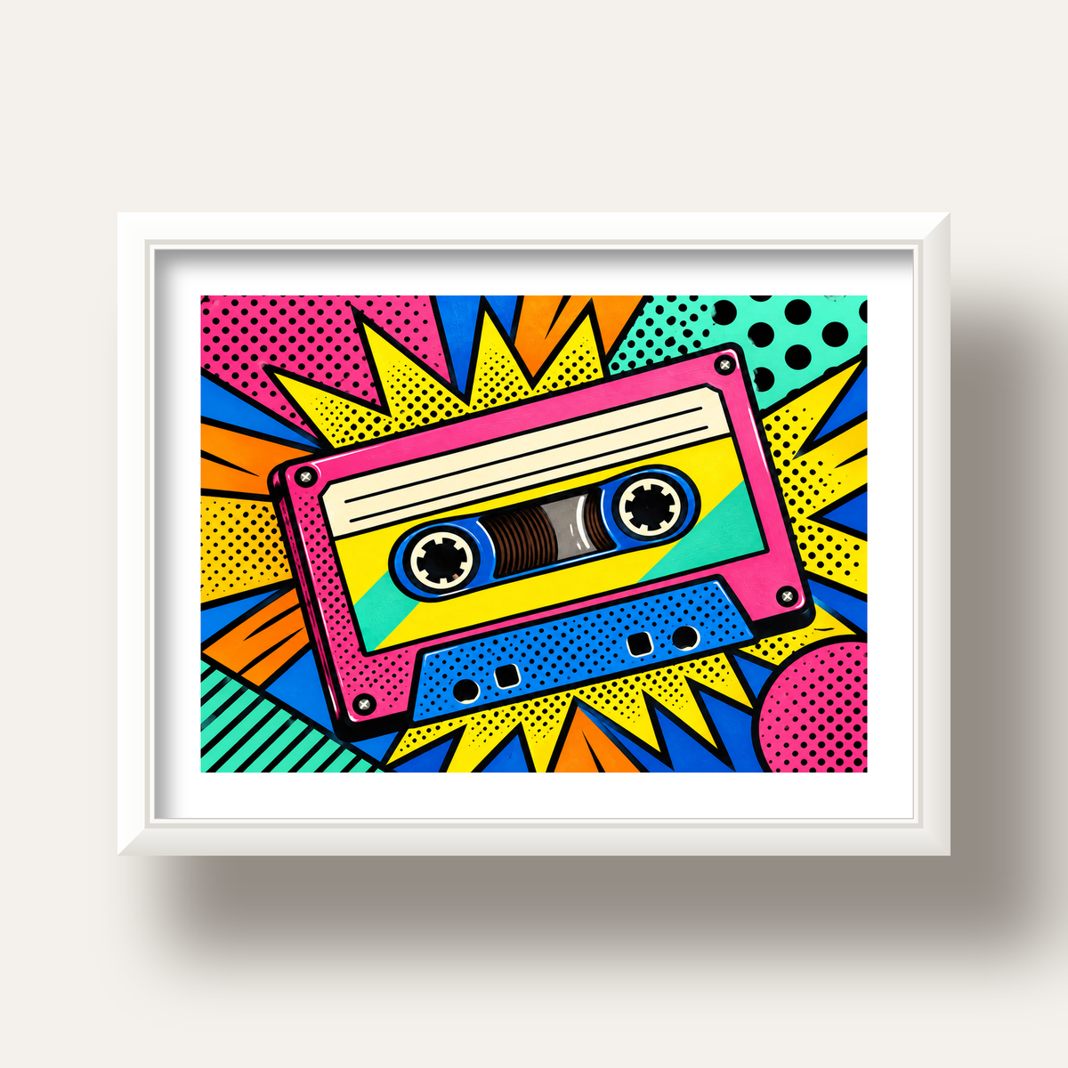 Renkli Kaset Pop Art Poster – Dinamik Çizgi Roman Tasarımı — beyaz derin çerçeveli paspartulu