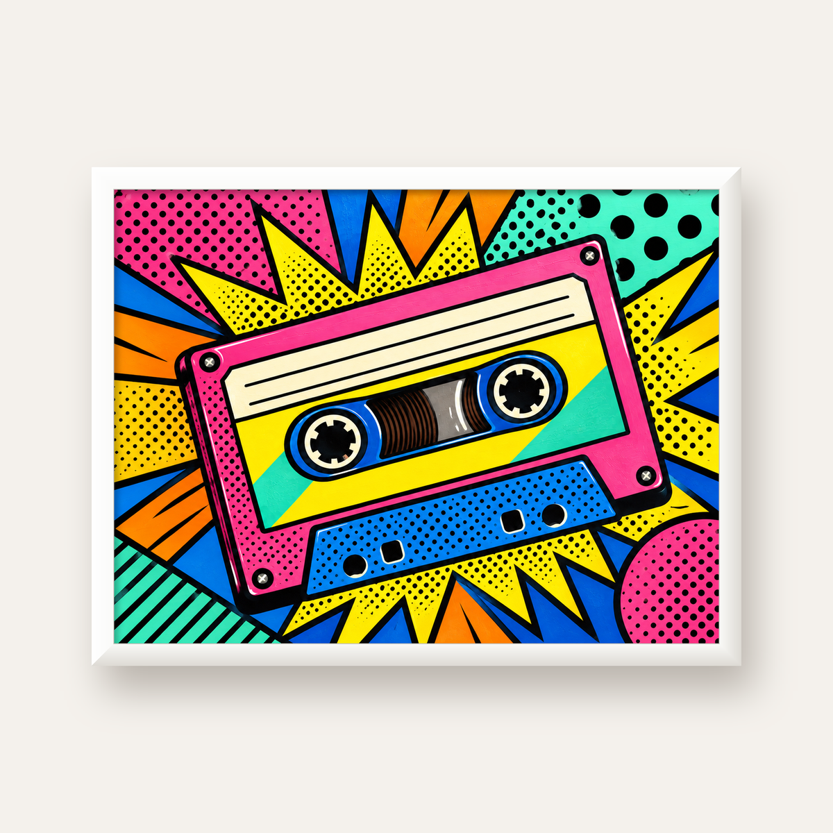 Renkli Kaset Pop Art Poster – Dinamik Çizgi Roman Tasarımı — beyaz çerçeveli yatay poster