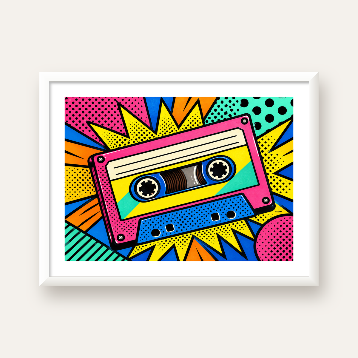 Renkli Kaset Pop Art Poster – Dinamik Çizgi Roman Tasarımı — beyaz çerçeveli yatay poster
