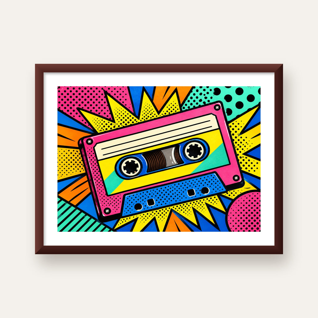 Renkli Kaset Pop Art Poster – Dinamik Çizgi Roman Tasarımı — ceviz çerçeveli paspartulu
