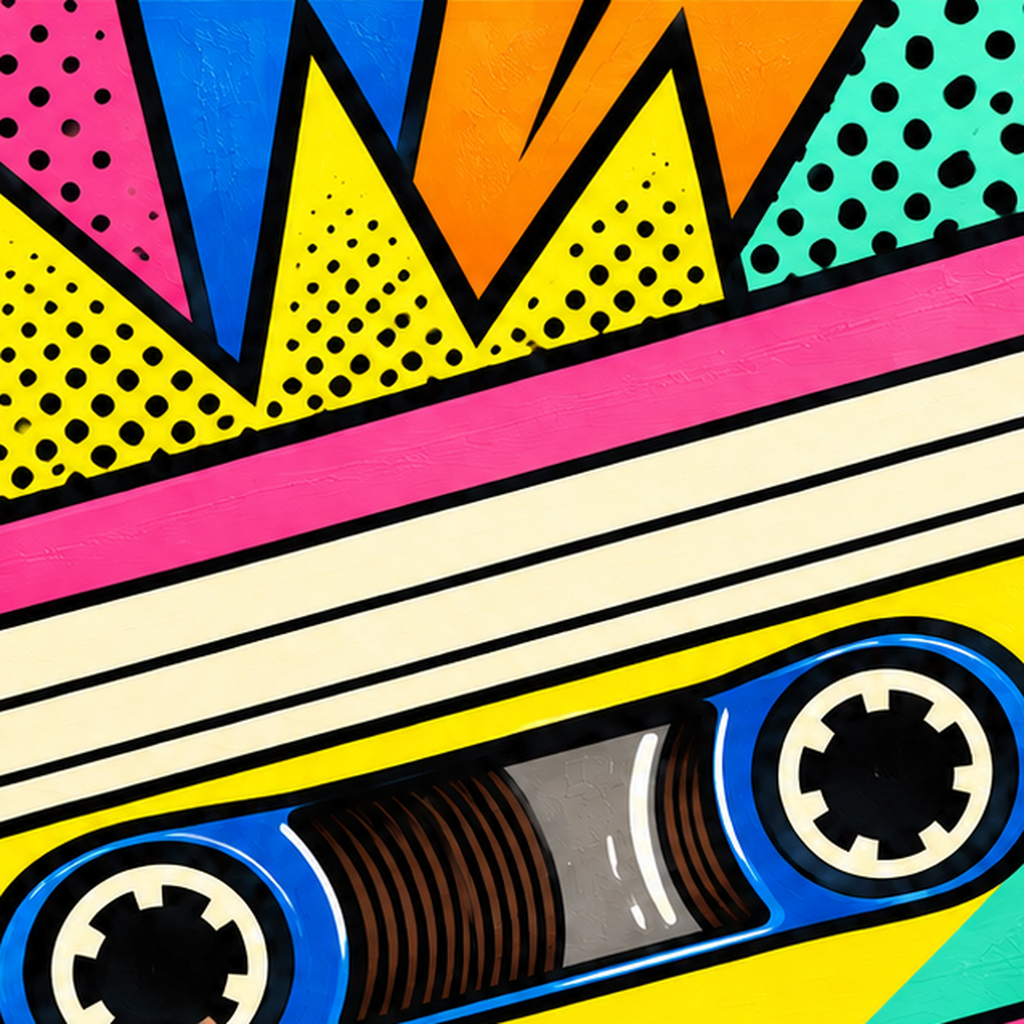 Renkli Kaset Pop Art Poster – Dinamik Çizgi Roman Tasarımı — baskının yakın çekimi, kâğıt dokusu ve renk detayı