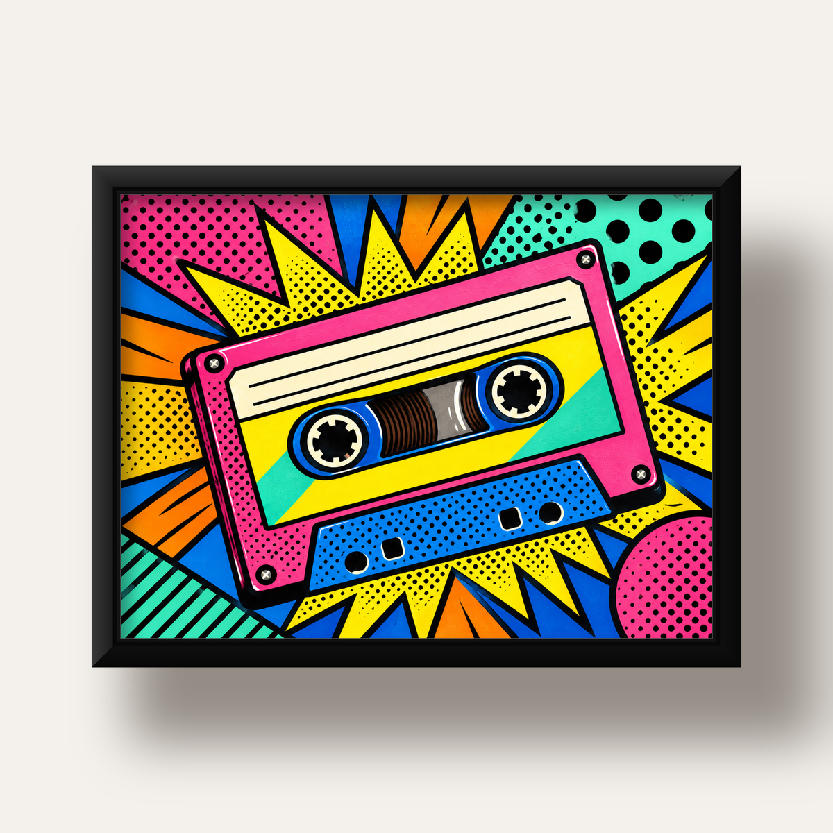 Renkli Kaset Pop Art Poster – Dinamik Çizgi Roman Tasarımı — siyah derin çerçeveli