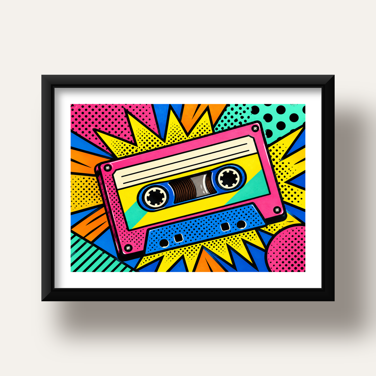 Renkli Kaset Pop Art Poster – Dinamik Çizgi Roman Tasarımı — siyah derin çerçeveli paspartulu