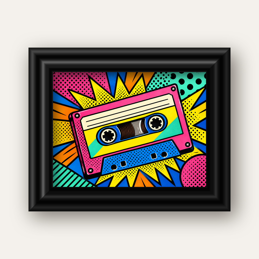 Renkli Kaset Pop Art Poster – Dinamik Çizgi Roman Tasarımı — siyah galeri çerçeveli