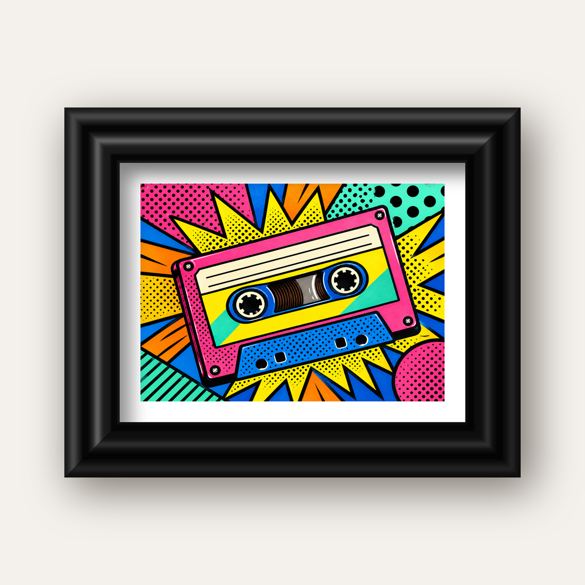 Renkli Kaset Pop Art Poster – Dinamik Çizgi Roman Tasarımı — siyah galeri çerçeveli paspartulu