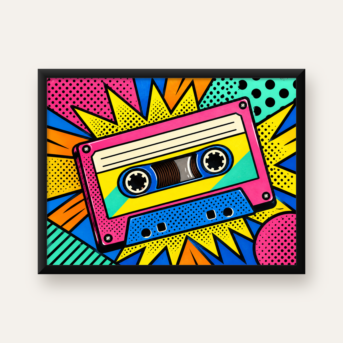 Renkli Kaset Pop Art Poster – Dinamik Çizgi Roman Tasarımı — Yatay baskı, düz siyah çerçeveli duvar posteri