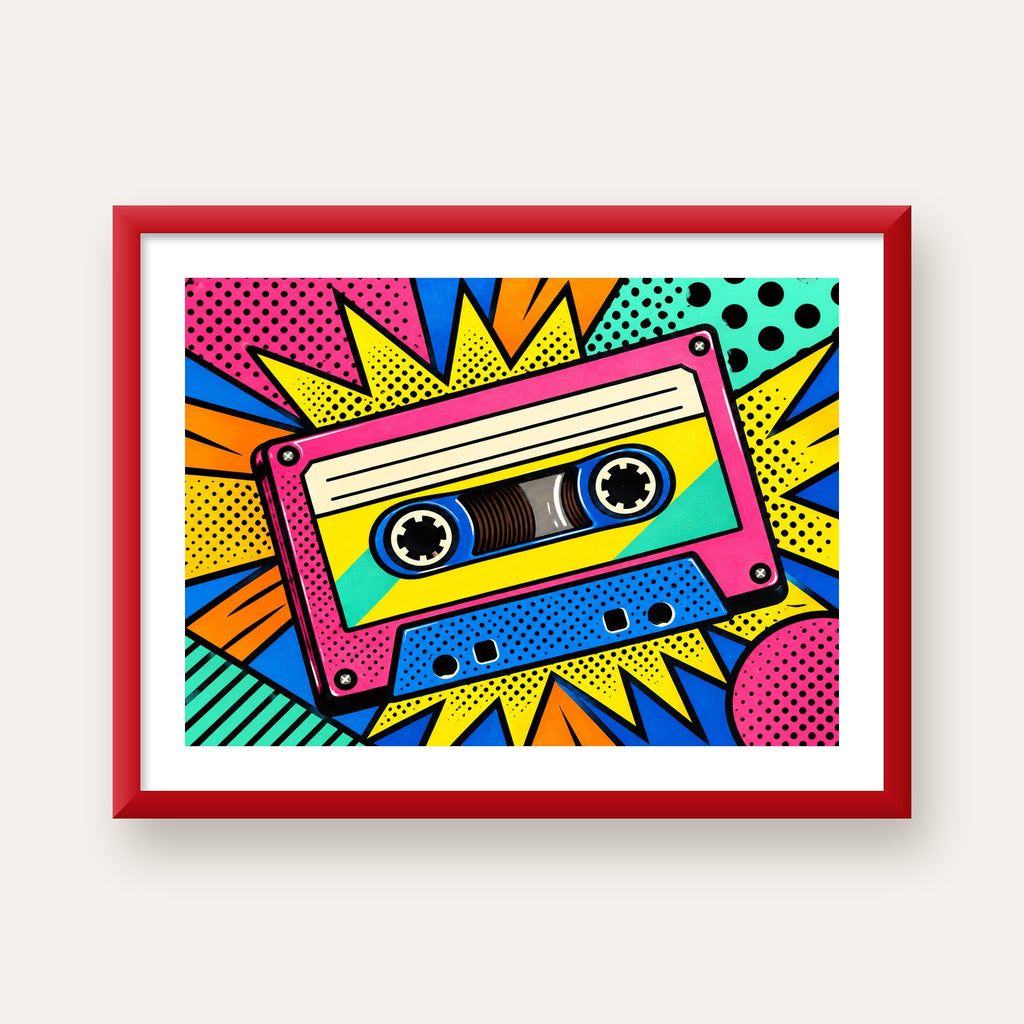 Renkli Kaset Pop Art Poster – Dinamik Çizgi Roman Tasarımı — kırmızı çerçeveli paspartulu