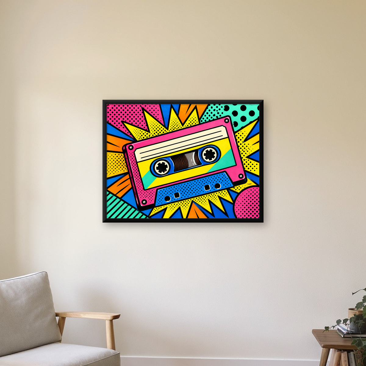 Renkli Kaset Pop Art Poster – Dinamik Çizgi Roman Tasarımı — Yatay baskı, çerçeveli hâliyle bir ev duvarında