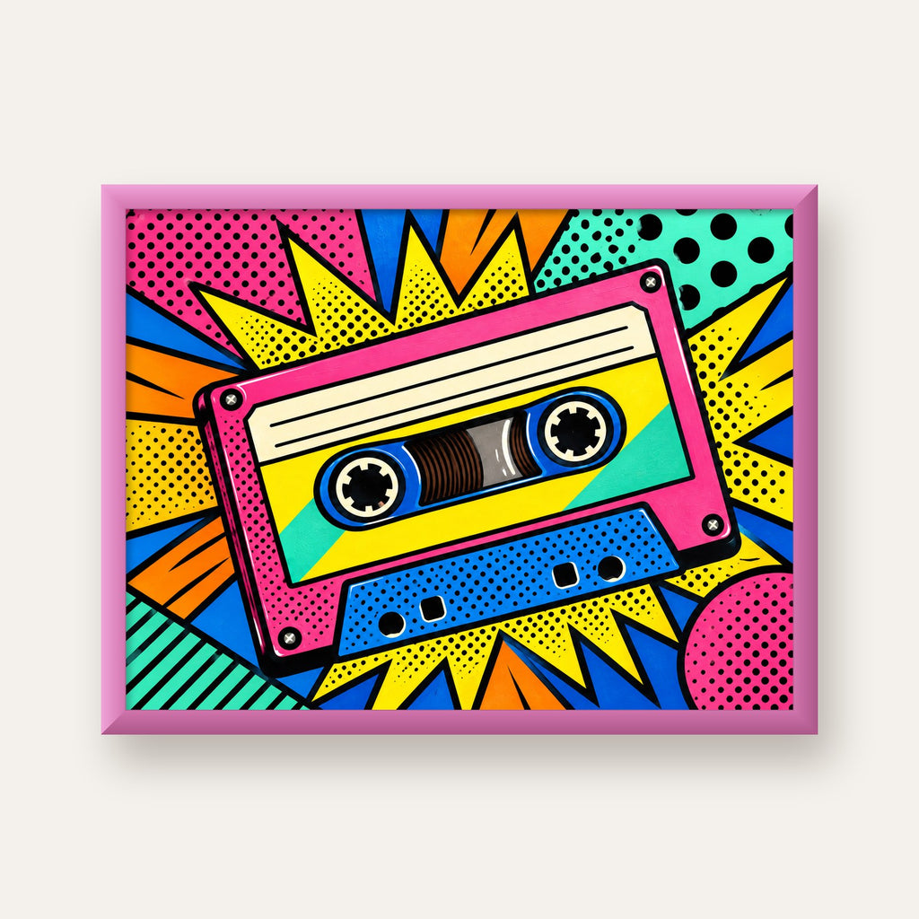 Renkli Kaset Pop Art Poster – Dinamik Çizgi Roman Tasarımı — pembe çerçeveli
