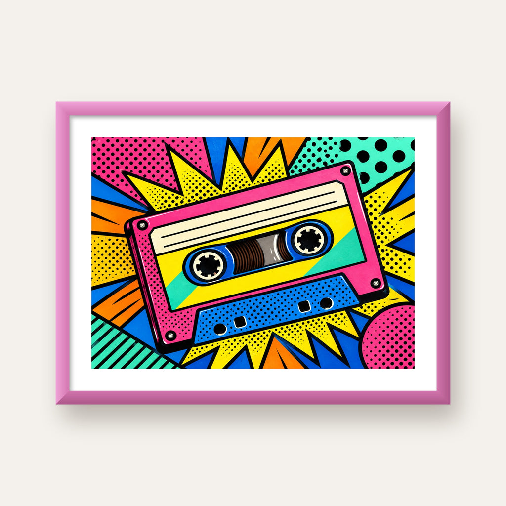 Renkli Kaset Pop Art Poster – Dinamik Çizgi Roman Tasarımı — pembe çerçeveli paspartulu