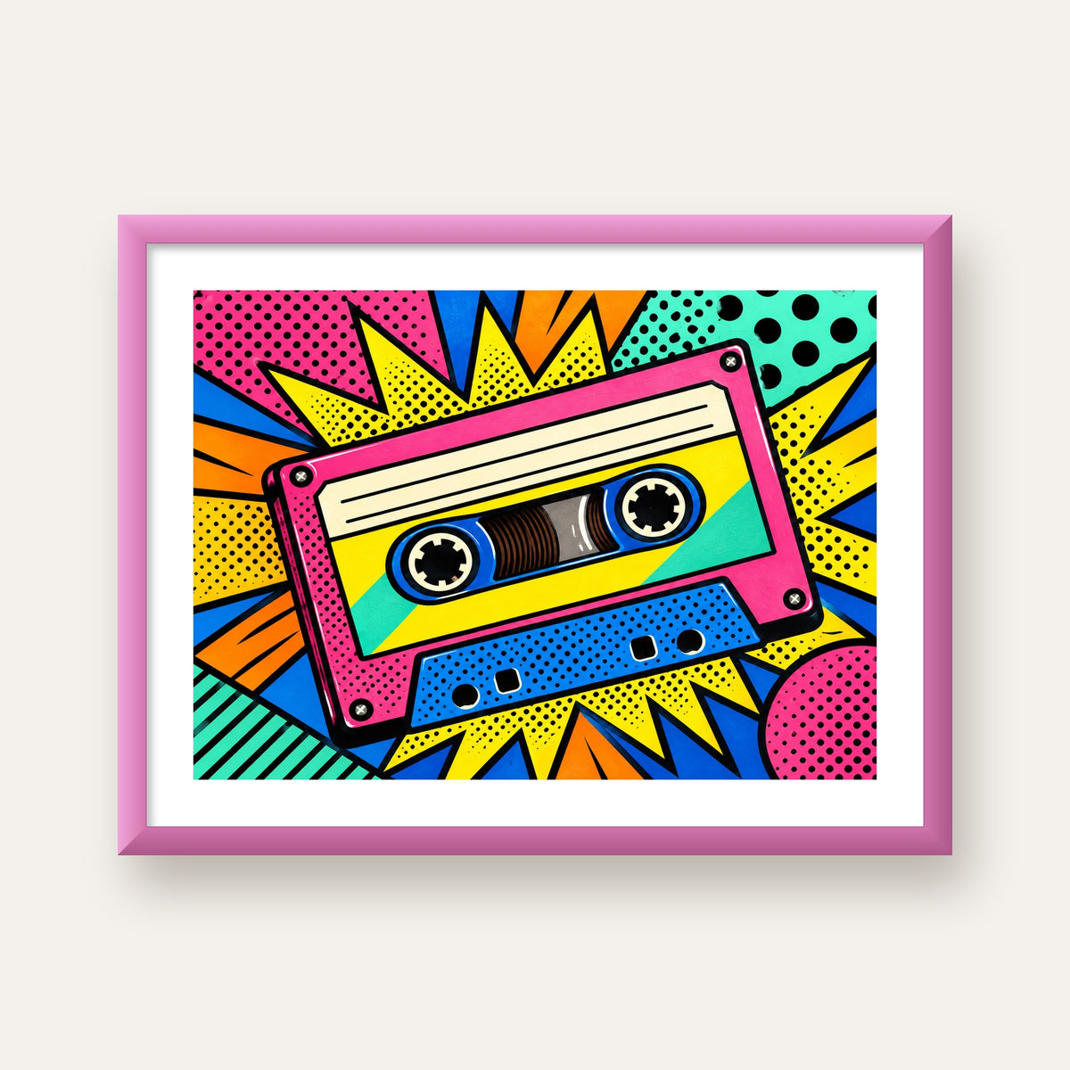 Renkli Kaset Pop Art Poster – Dinamik Çizgi Roman Tasarımı — pembe çerçeveli paspartulu