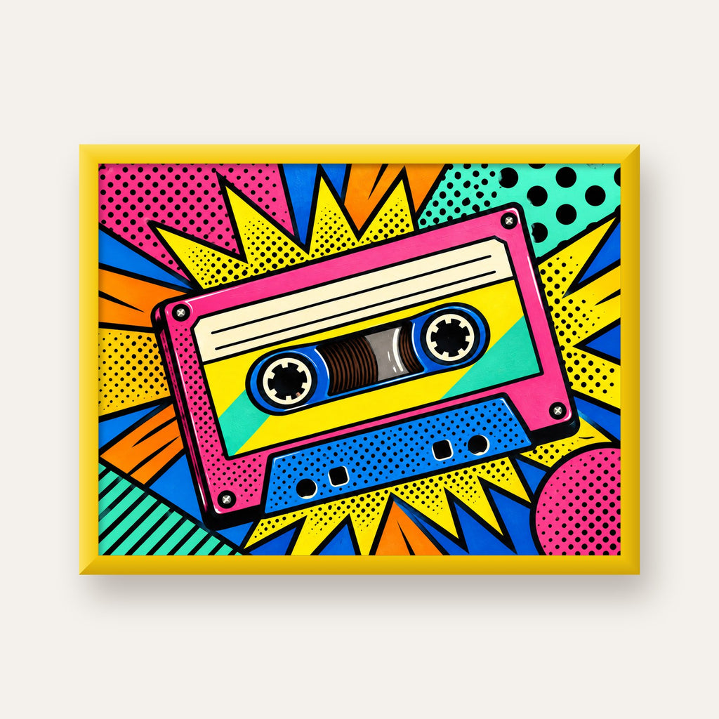 Renkli Kaset Pop Art Poster – Dinamik Çizgi Roman Tasarımı — sarı çerçeveli