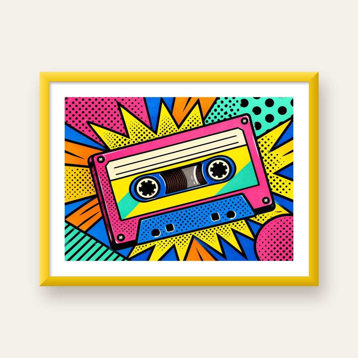 Renkli Kaset Pop Art Poster – Dinamik Çizgi Roman Tasarımı — sarı çerçeveli paspartulu