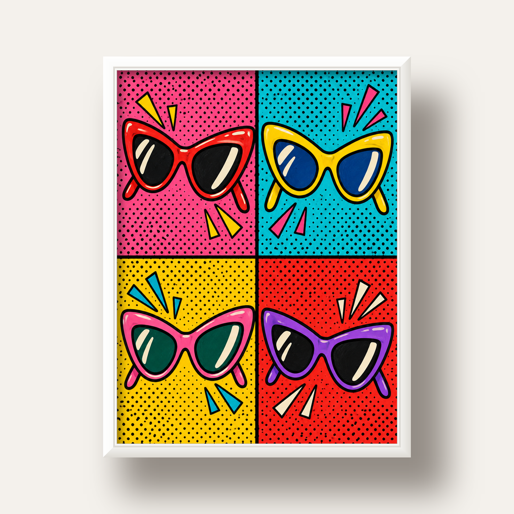 Pop Art Gözlük Desenli Renkli Modern Poster Duvar Tablosu — beyaz derin çerçeveli
