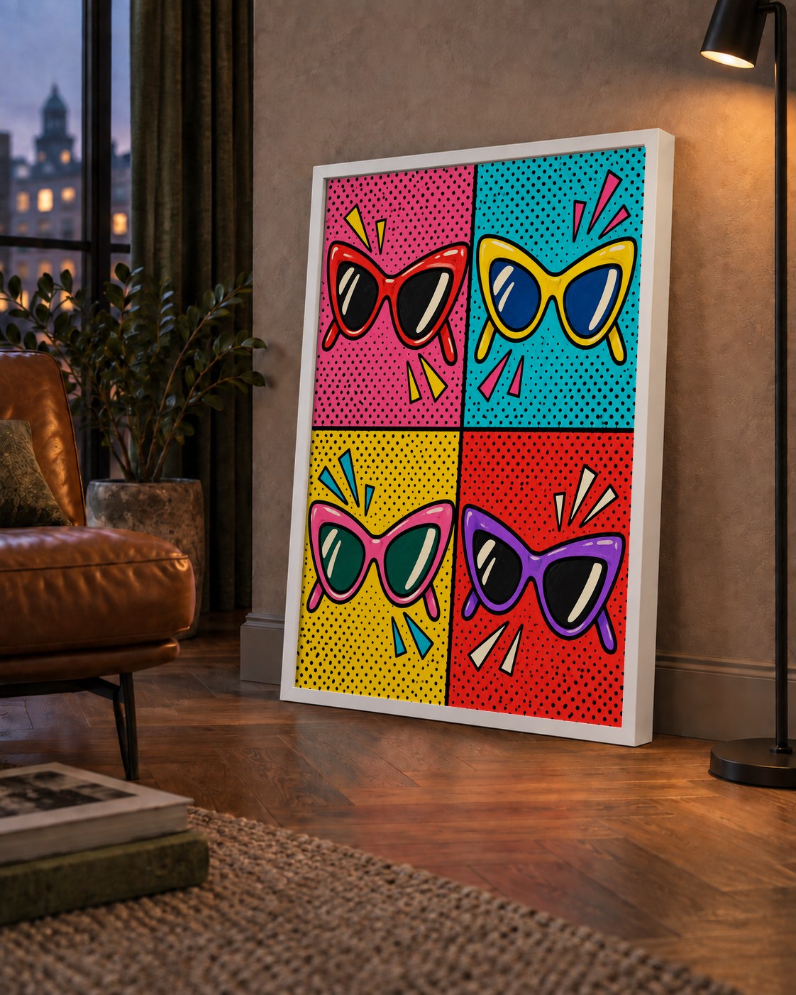 Pop Art Gözlük Desenli Renkli Modern Poster Duvar Tablosu — çerçeveli hâliyle bir ev duvarında
