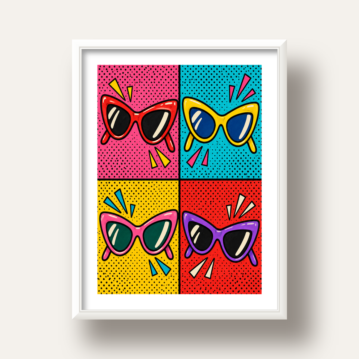 Pop Art Gözlük Desenli Renkli Modern Poster Duvar Tablosu — beyaz derin çerçeveli paspartulu