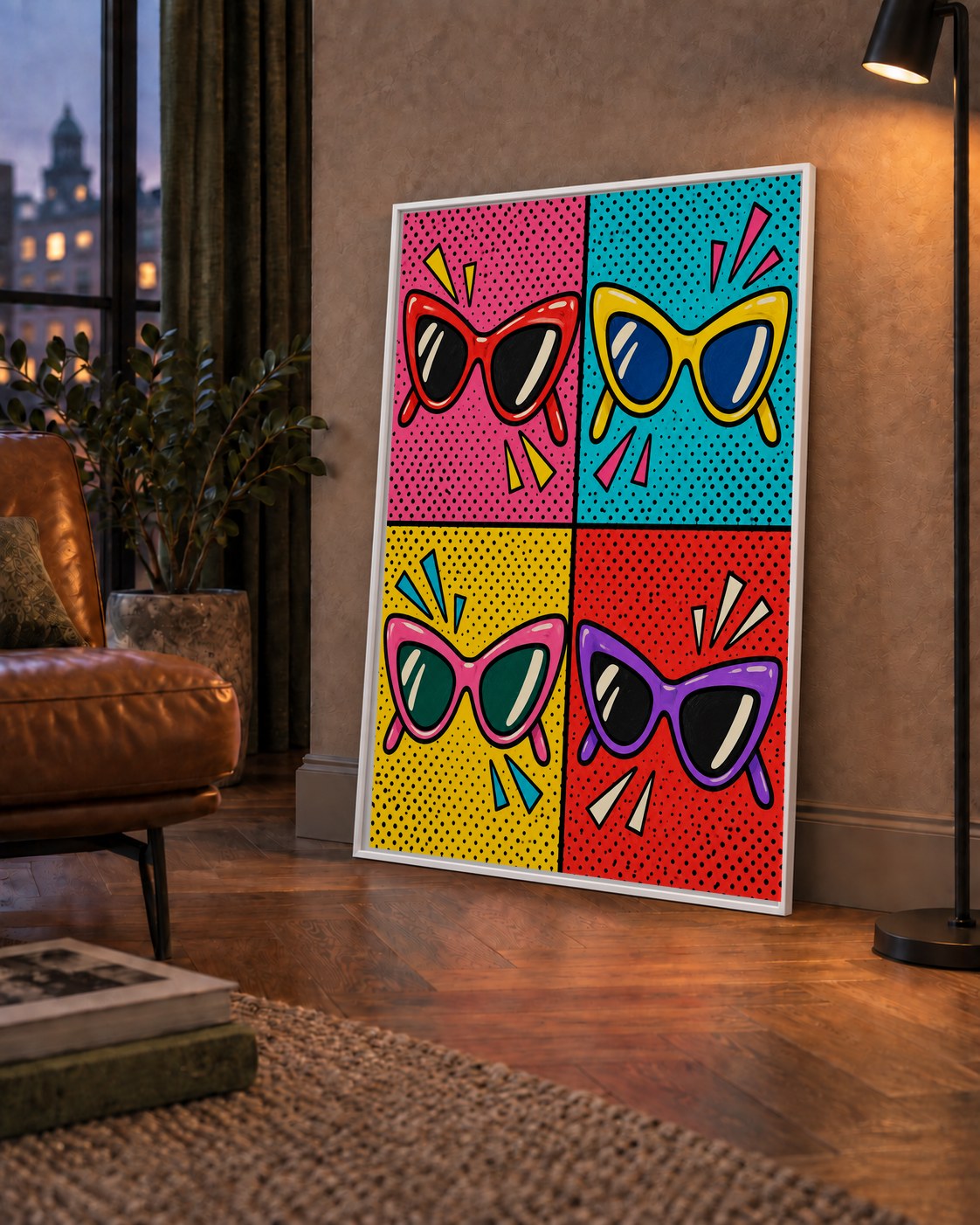 Pop Art Gözlük Desenli Renkli Modern Poster Duvar Tablosu — çerçeveli hâliyle bir ev duvarında