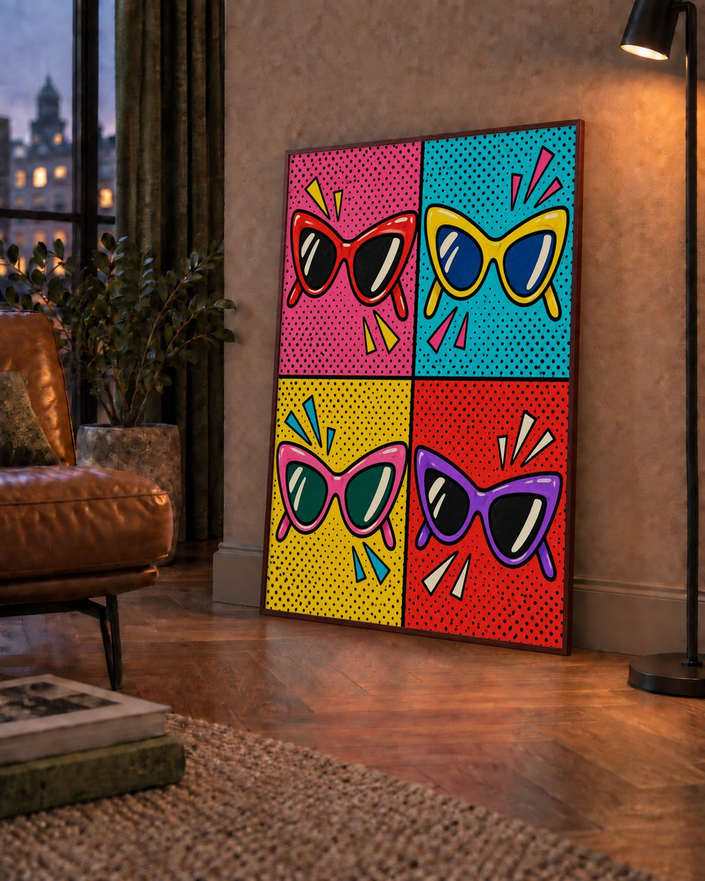 Pop Art Gözlük Desenli Renkli Modern Poster Duvar Tablosu — çerçeveli hâliyle bir ev duvarında