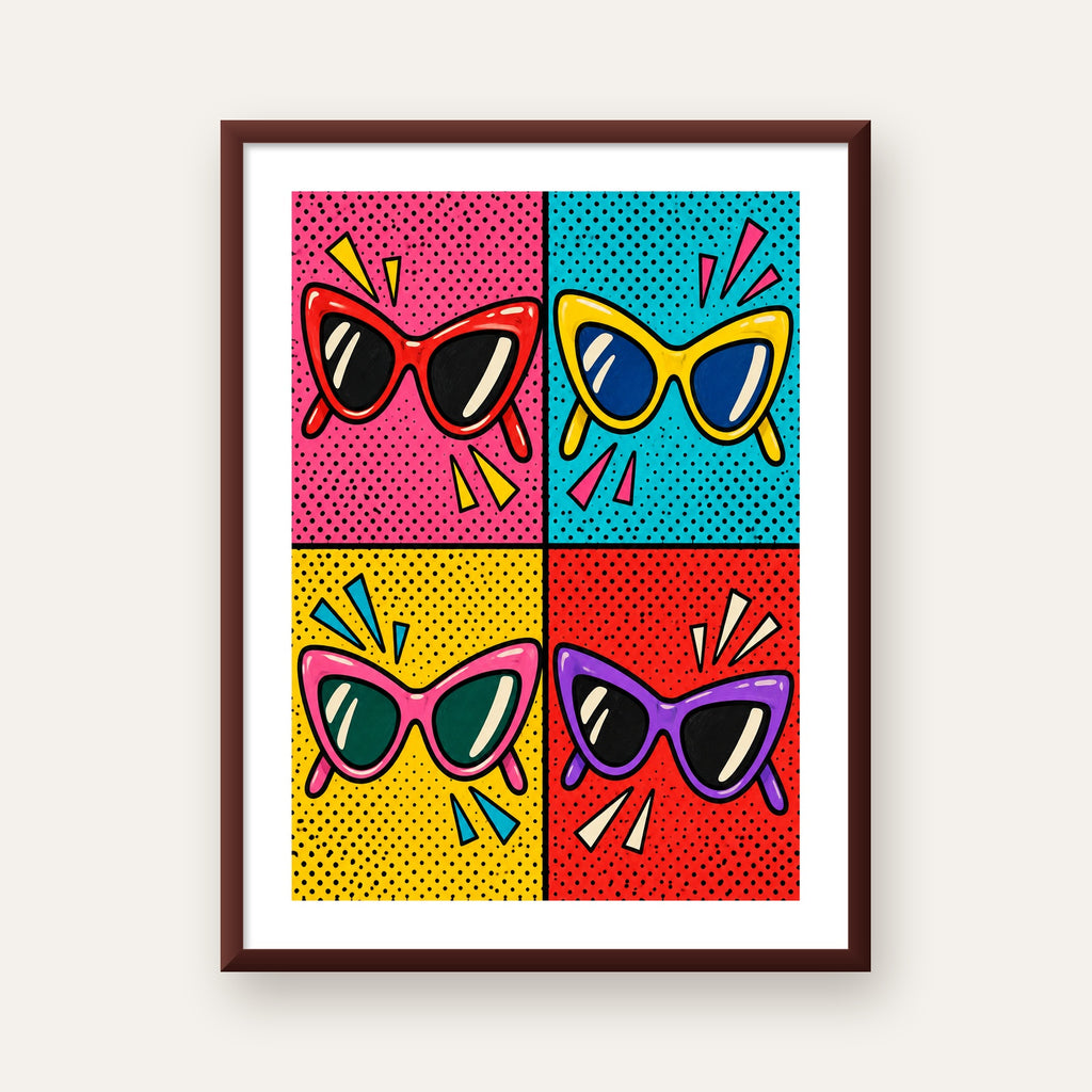 Pop Art Gözlük Desenli Renkli Modern Poster Duvar Tablosu — ceviz çerçeveli paspartulu