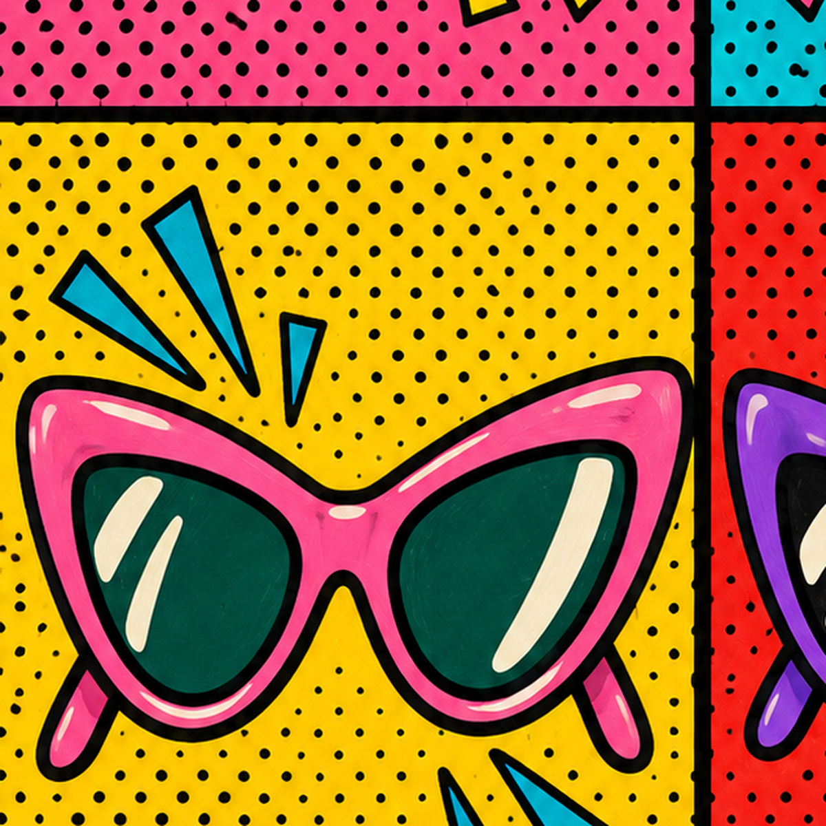 Pop Art Gözlük Desenli Renkli Modern Poster Duvar Tablosu — baskının yakın çekimi, kâğıt dokusu ve renk detayı