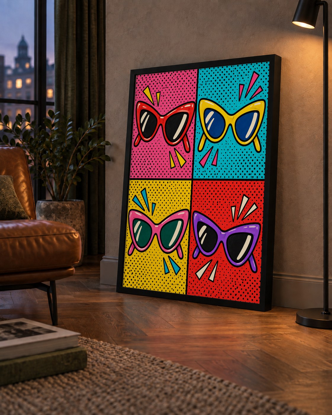 Pop Art Gözlük Desenli Renkli Modern Poster Duvar Tablosu — çerçeveli hâliyle bir ev duvarında