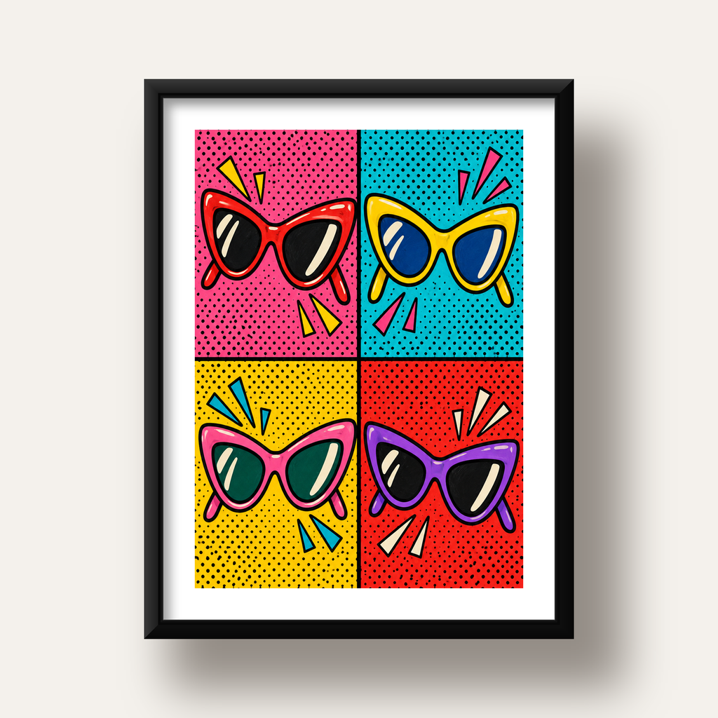 Pop Art Gözlük Desenli Renkli Modern Poster Duvar Tablosu — siyah derin çerçeveli paspartulu
