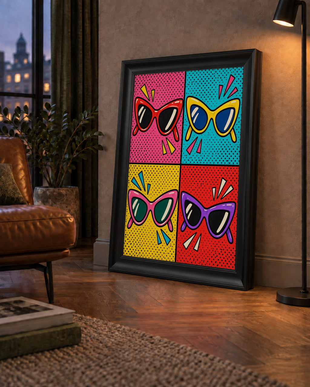 Pop Art Gözlük Desenli Renkli Modern Poster Duvar Tablosu — çerçeveli hâliyle bir ev duvarında