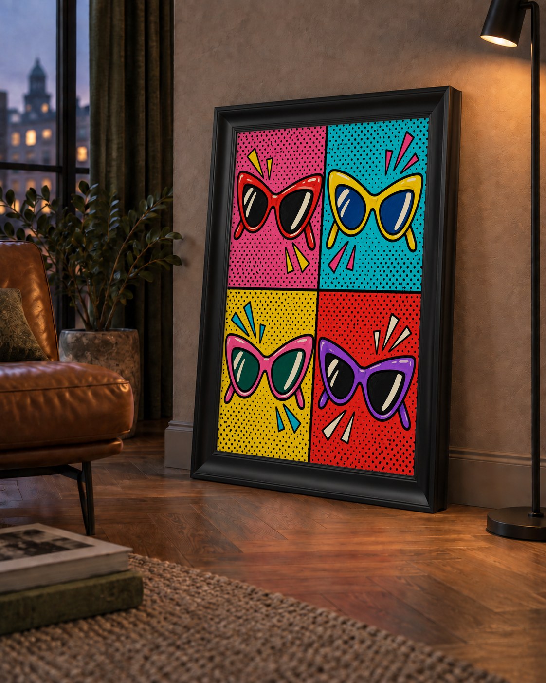 Pop Art Gözlük Desenli Renkli Modern Poster Duvar Tablosu — çerçeveli hâliyle bir ev duvarında