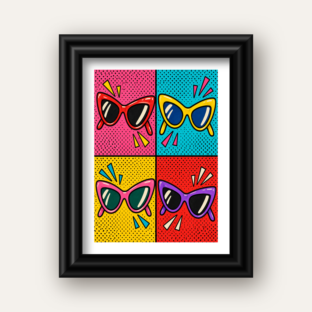 Pop Art Gözlük Desenli Renkli Modern Poster Duvar Tablosu — siyah galeri çerçeveli paspartulu