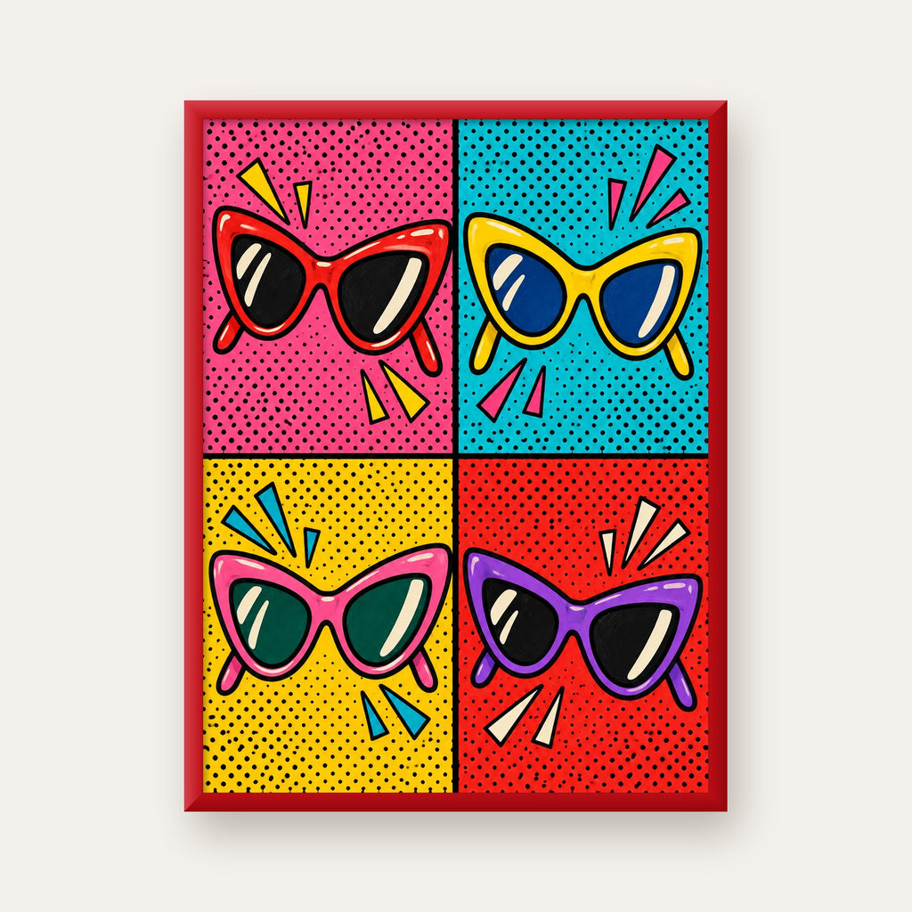 Pop Art Gözlük Desenli Renkli Modern Poster Duvar Tablosu — kırmızı çerçeveli
