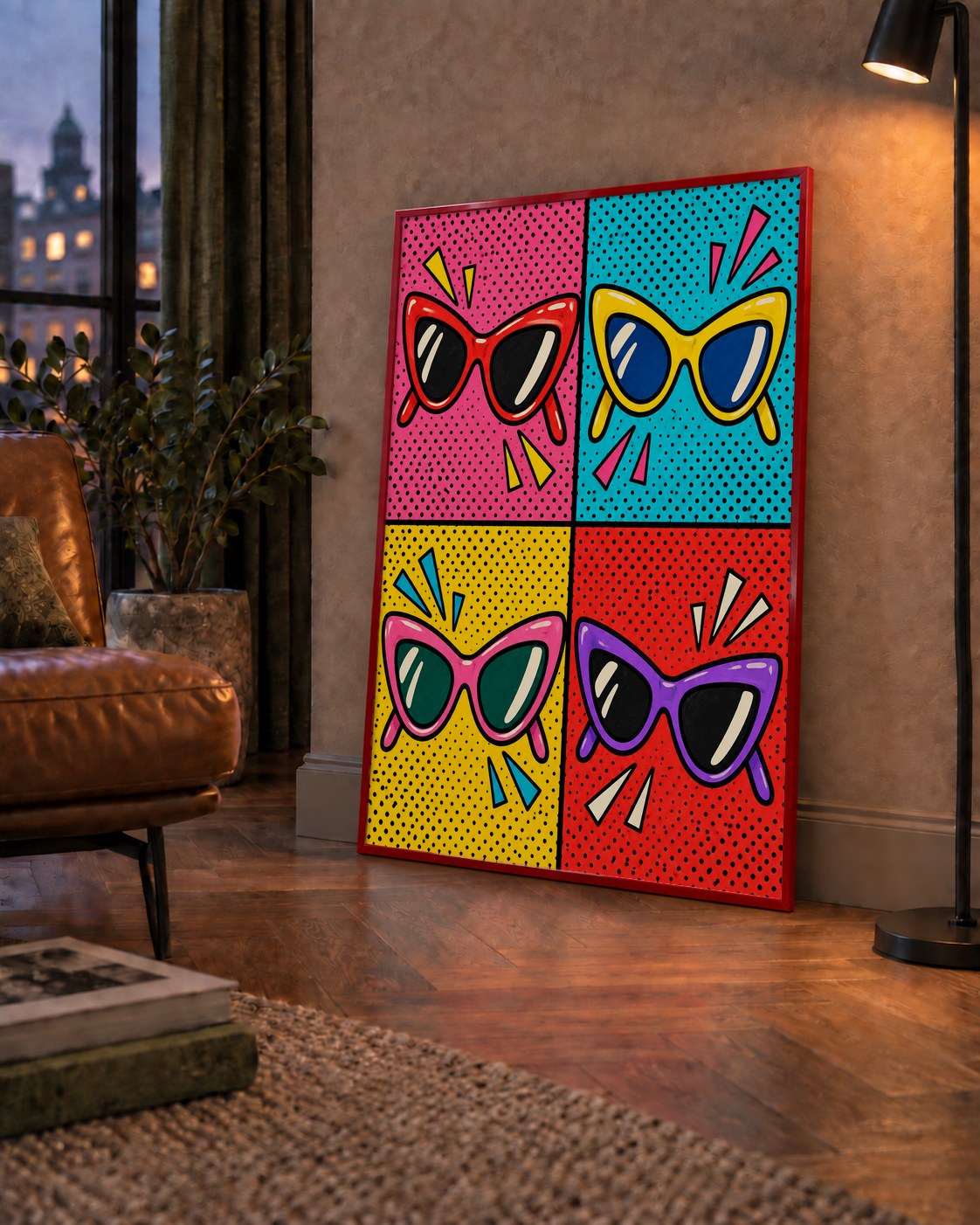 Pop Art Gözlük Desenli Renkli Modern Poster Duvar Tablosu — çerçeveli hâliyle bir ev duvarında
