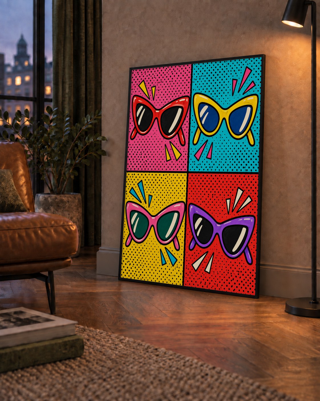 Pop Art Gözlük Desenli Renkli Modern Poster Duvar Tablosu — çerçeveli hâliyle bir ev duvarında