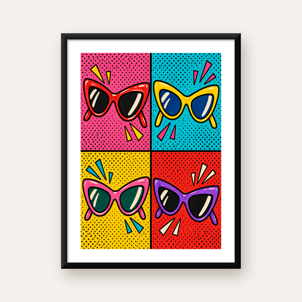 Pop Art Gözlük Desenli Renkli Modern Poster Duvar Tablosu — Dikey baskı, beyaz paspartulu