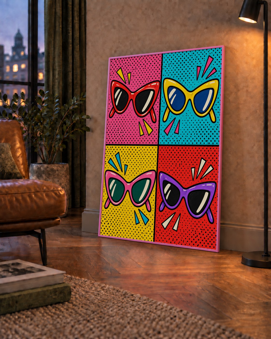 Pop Art Gözlük Desenli Renkli Modern Poster Duvar Tablosu — çerçeveli hâliyle bir ev duvarında