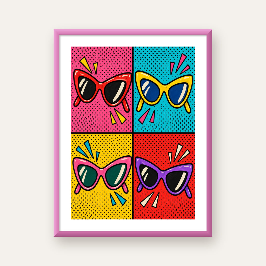 Pop Art Gözlük Desenli Renkli Modern Poster Duvar Tablosu — pembe çerçeveli paspartulu