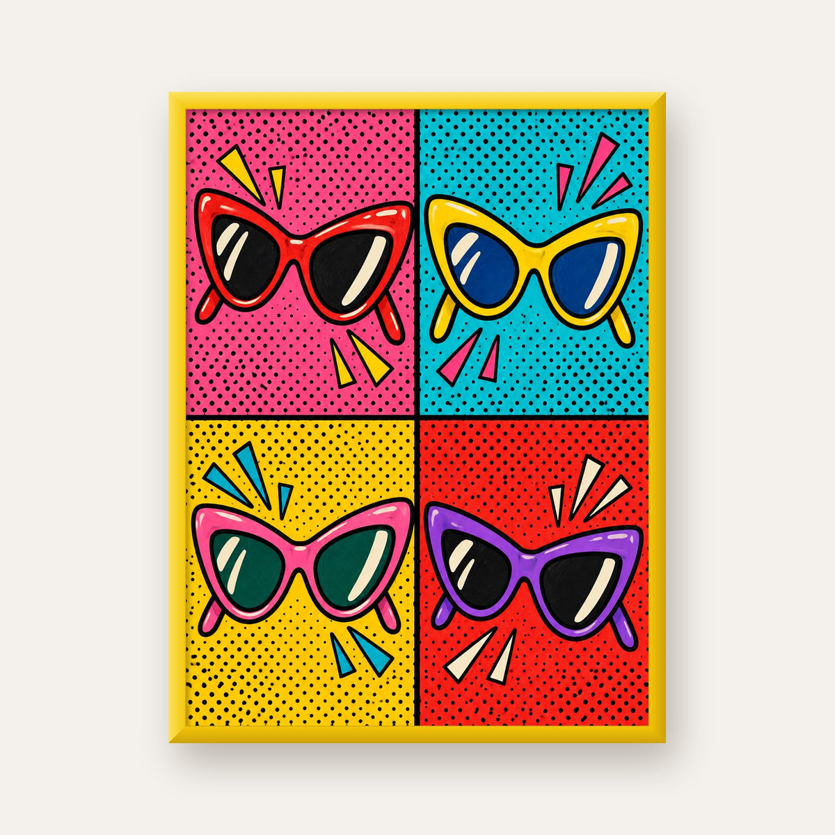 Pop Art Gözlük Desenli Renkli Modern Poster Duvar Tablosu — sarı çerçeveli