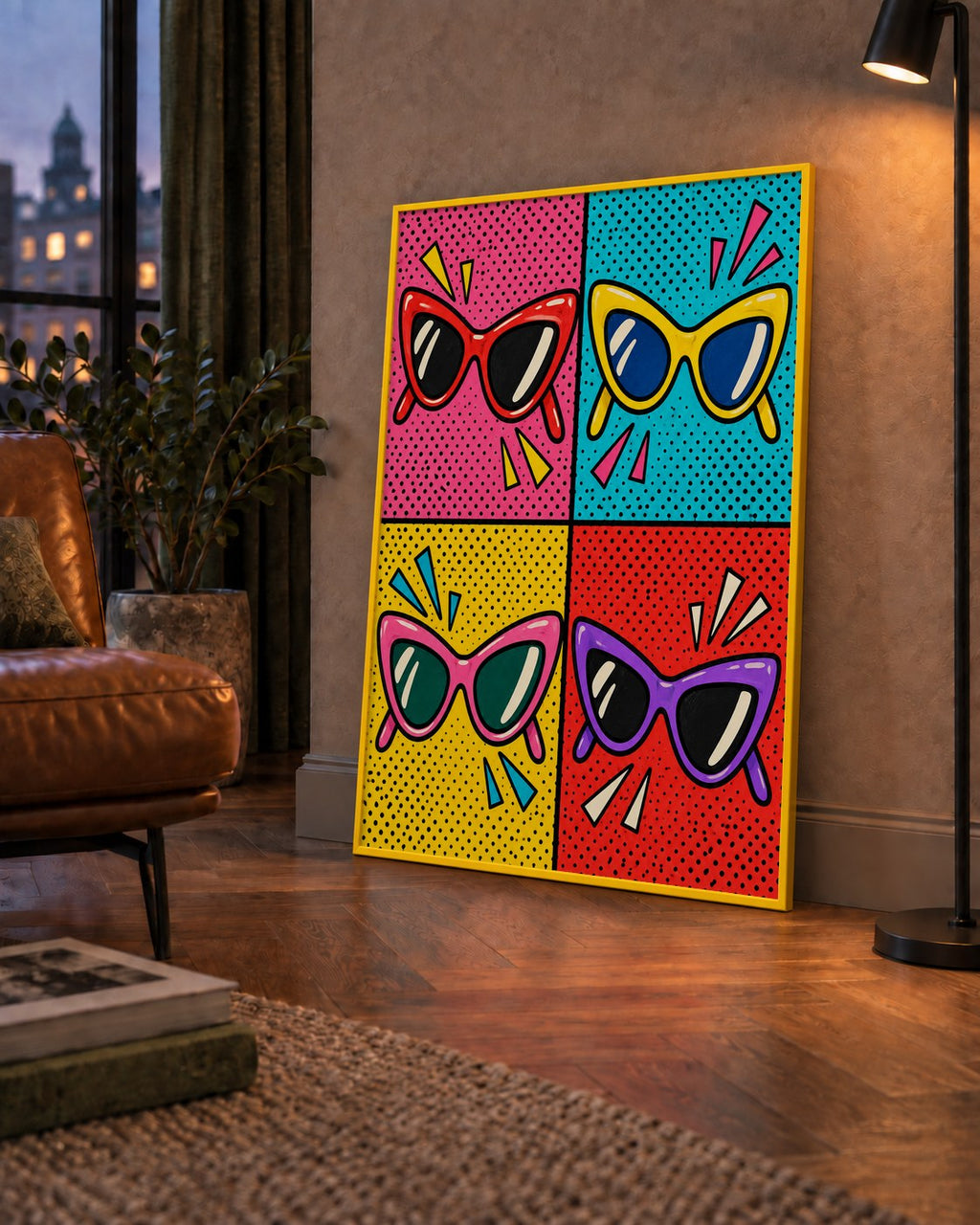 Pop Art Gözlük Desenli Renkli Modern Poster Duvar Tablosu — çerçeveli hâliyle bir ev duvarında