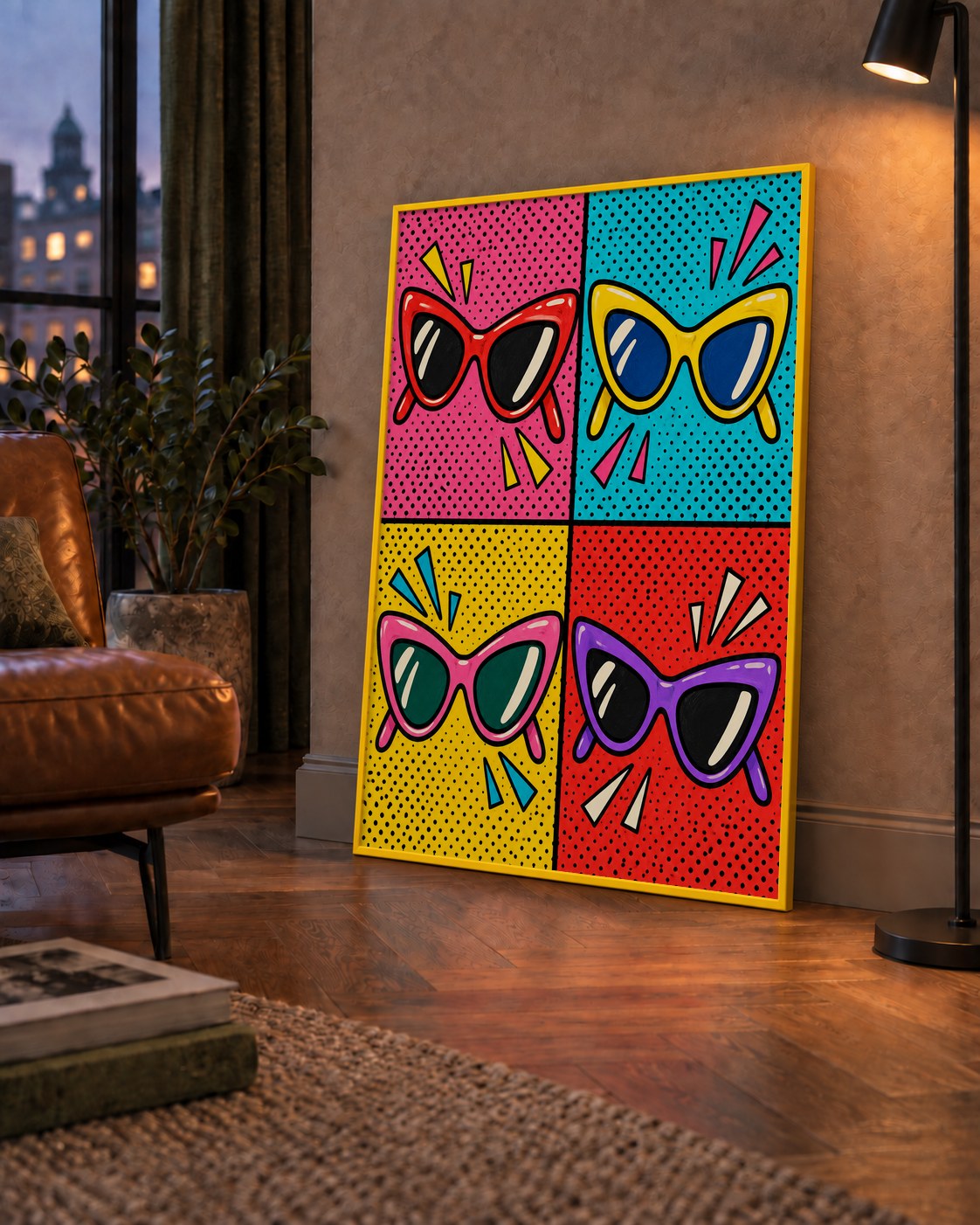 Pop Art Gözlük Desenli Renkli Modern Poster Duvar Tablosu — çerçeveli hâliyle bir ev duvarında