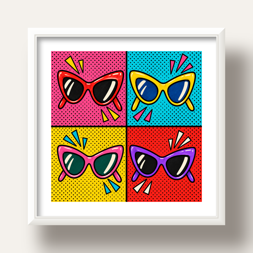 Pop Art Gözlük Desenli Renkli Modern Poster Duvar Tablosu — beyaz derin çerçeveli paspartulu