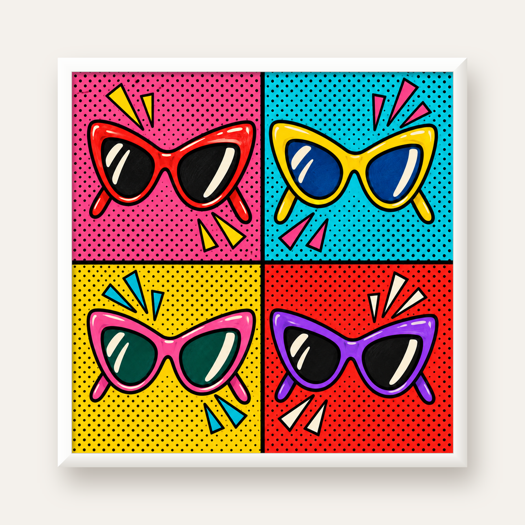 Pop Art Gözlük Desenli Renkli Modern Poster Duvar Tablosu — beyaz çerçeveli kare poster