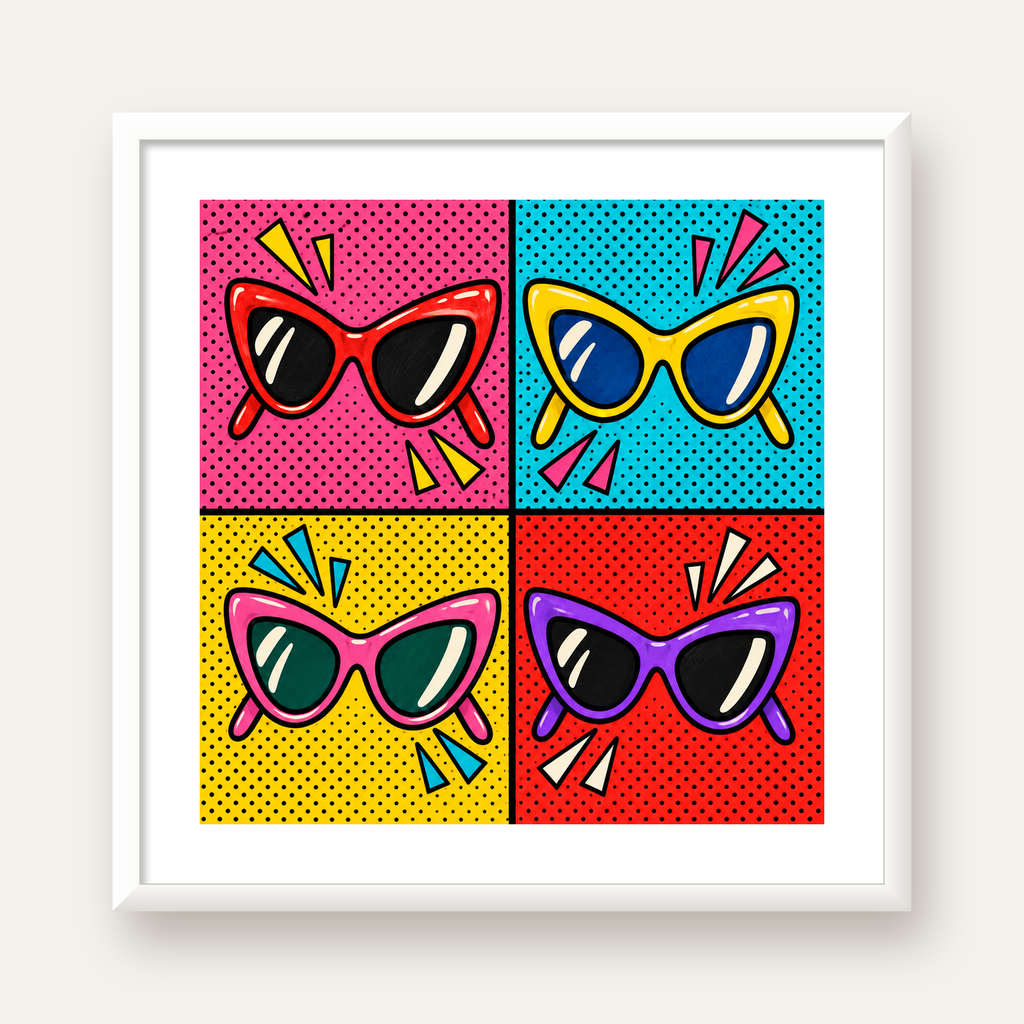Pop Art Gözlük Desenli Renkli Modern Poster Duvar Tablosu — beyaz çerçeveli kare poster