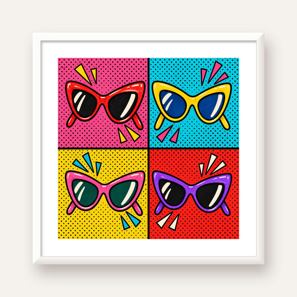 Pop Art Gözlük Desenli Renkli Modern Poster Duvar Tablosu — beyaz çerçeveli kare poster